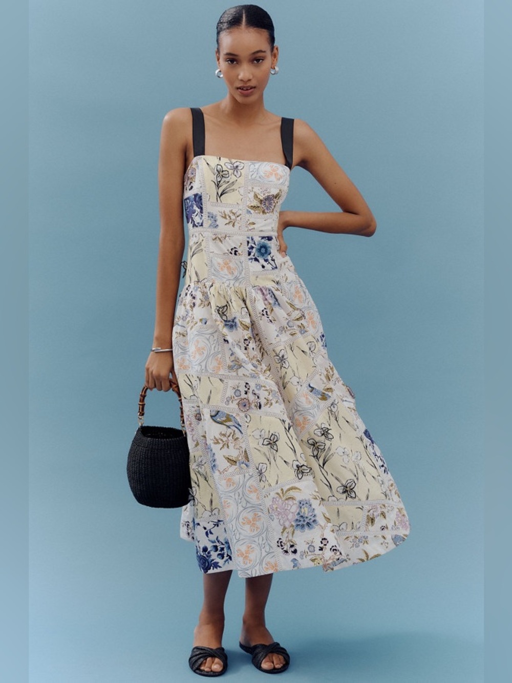 Anthropologie Maeve Cotton Sleeveless Square-Neck Tile Printed Midi Dress